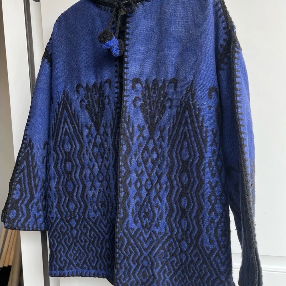 Vintage Woman’s Knit Crocheted Blue & Black Poncho Jacket Wool Cotton Boho